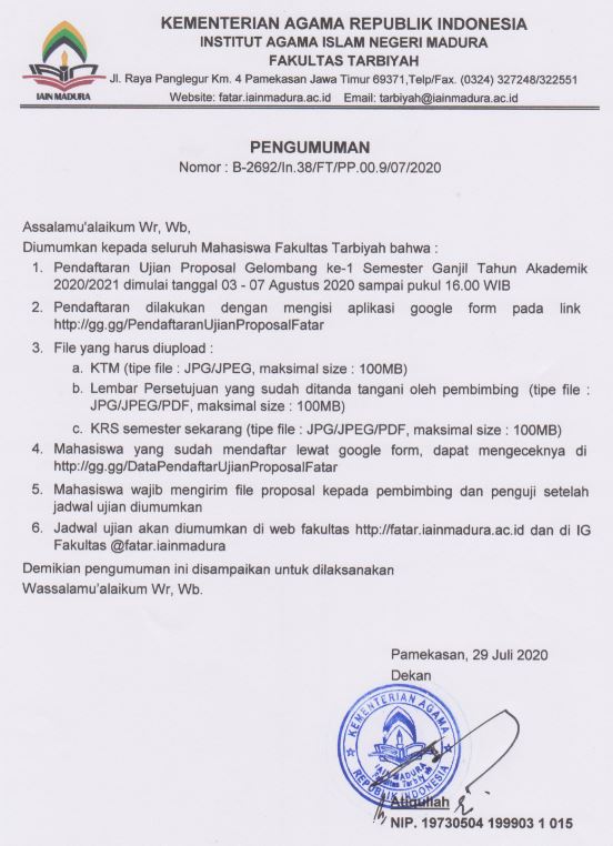 Pendaftaran Ujian Proposal Gel 1 Ganjil 2020/2021 - FAKULTAS TARBIYAH